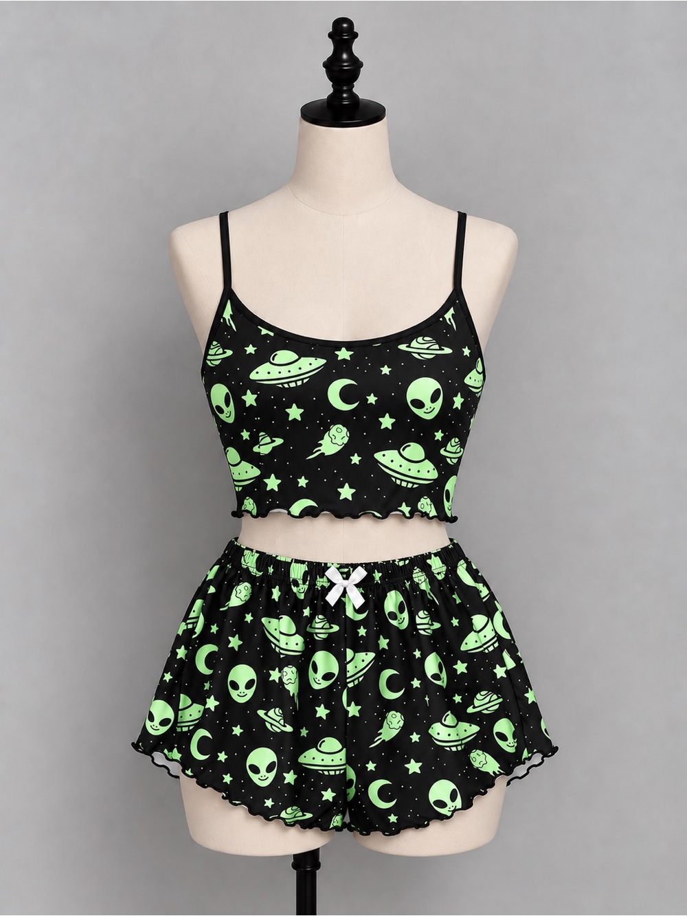 Alien Print Black & Green Crop Cami Pajama Set